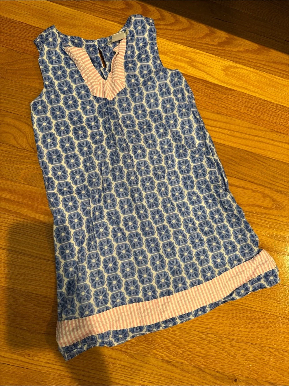 Vineyard Vines Blue Geometric Girls' Sleeveless Nightgown with Pink Trim